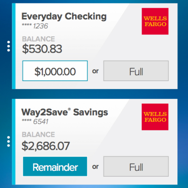 Cropped screenshot of a mobile app showing various financial accounts, their balances, and options for how much money to deposit in each