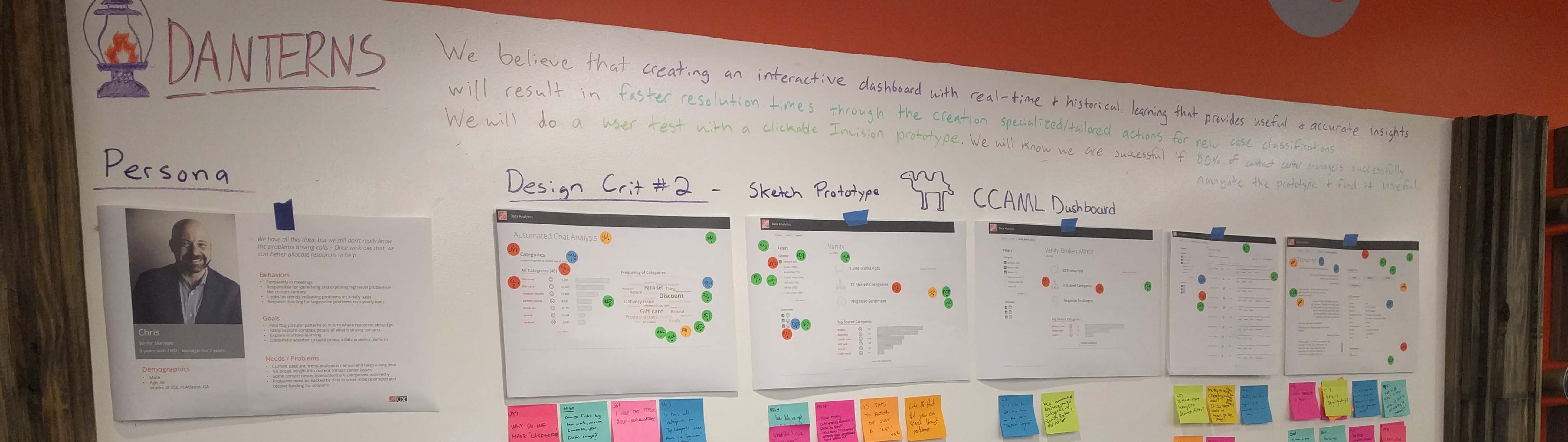 Progress tracking board at The Home Depot with various sketches and sticky notes.